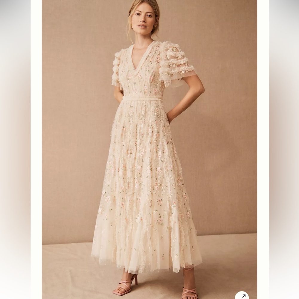 NEEDLE & THREAD Florentina Ankle Gown Dress Floral Lace Embroidered Ruffle - Picture 1 of 10